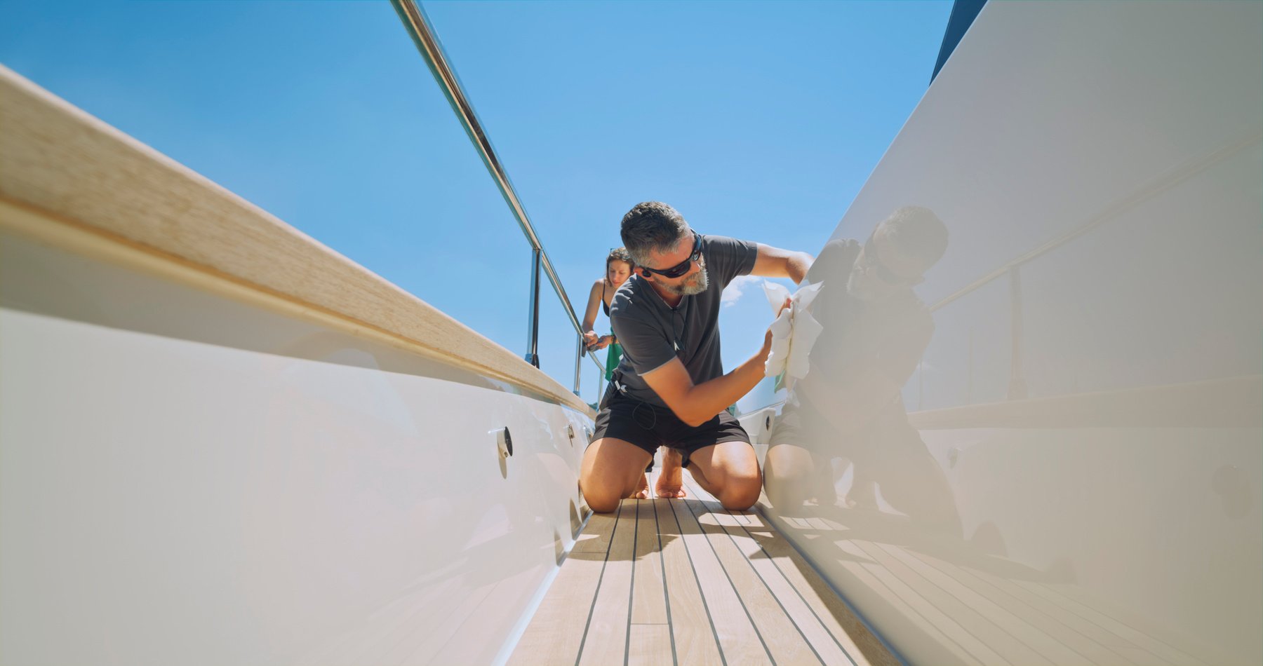 Yacht cabin crew cleaning yacht